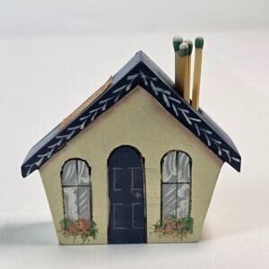 Vintage Hand Painted Wooden House Mini Match Striker Holder Cottagecore